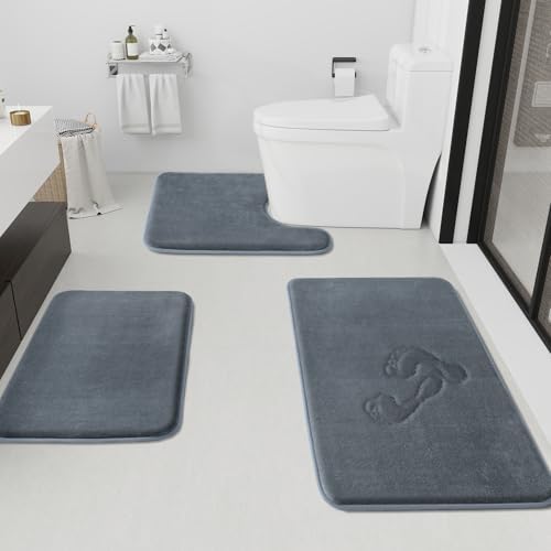 HUXMEYSON Bathroom Rugs Sets 3 Piece, Non-Slip & Quick Dry Bath Mat Set, Ultra Soft Velvet Bath Rugs for Bathroom, Toilet and Shower Floor, Grey by HUXMEYSON