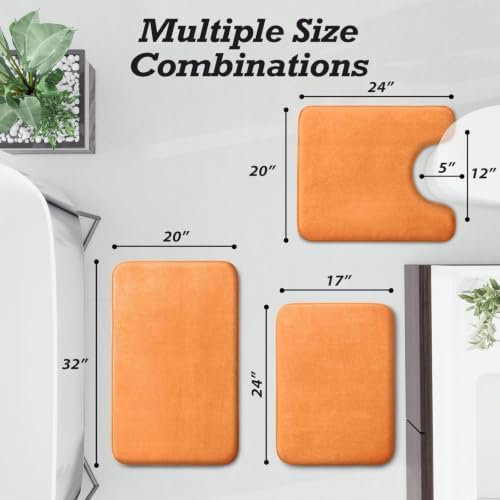 HUXMEYSON Bathroom Rugs Sets 3 Piece, Non-Slip & Quick Dry Bath Mat Set, Ultra Soft Velvet Bath Rugs for Bathroom, Toilet and Shower Floor, Orange - Image 2