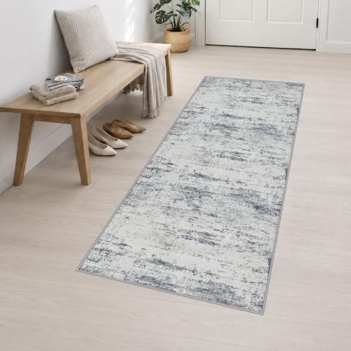 2.6x8 Washable Runner Rug：Modern Abstract Soft Carpet Blue Grey - Image 3