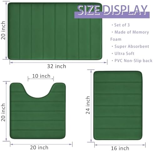 RUN HELIX Bath Mats for Bathroom Comfort Memory Foam Bath Rug Set 3 Piece Non-Slip Bathroom Mats,Absorbent Shaggy Rugs Super Soft U-Shaped Toilet Rug,Bathroo Carpets for Batoom,Tub,Shower,Dark Green - Image 3