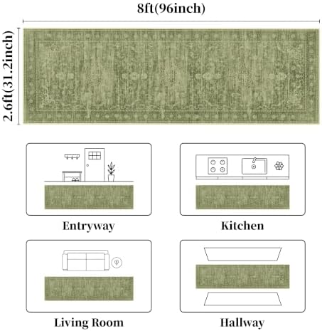 Sage Green Washable Runner Rug 2.6x8, Vintage Rug Runners for Hallway - Image 2