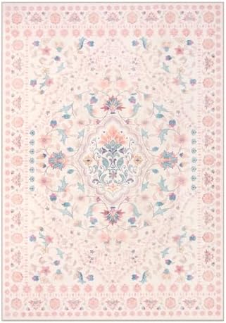 Wonnitar Floral 5x7 Washable Nursery Rug, Pink Rugs for Bedroom Girls, Boho Ultra-Thin Soft Non Slip Floor Carpet for Dorm Living Room Playroom Home Decor, Pastel Pink - Image 3