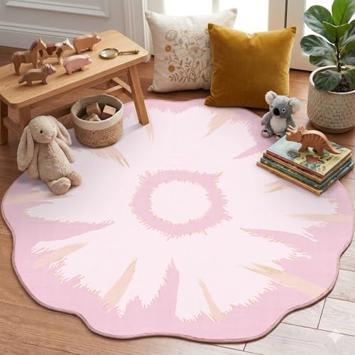 4ft Pink Round Area Rug for Girl Bedroom Washable Cute Circle Rug by LatteFog
