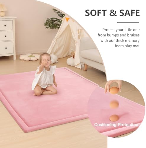 Baby Play Mat for Floor,1.3" Thick Memory foam Tummy Time Mat,Soft Coral Velvet Nursery Rug,Extra Large Non Slip for Crawling,Toddlers,Infants,kids,Yoga&Tatami Style for Living Room(Pink) - Image 3