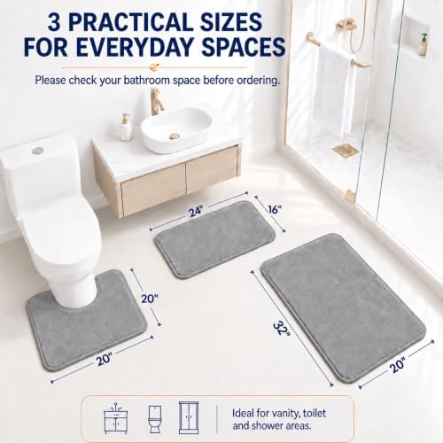 RUN HELIX Bathroom Rugs Sets 3 Piece, Soft Absorbent Memory Foam Bath Mats Set, Dry Fast Bath Mat, Machine Washable Bath Rug Set for Bathroom （Ash Gray） - Image 2