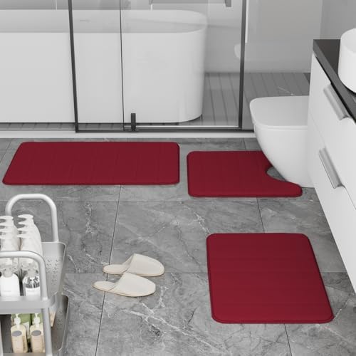 RUN HELIX Burgundy Bathroom Rugs Sets 3 Piece Memory Foam Non Slip Bath Mats for Bathroom Floor and U-Shaped Contour Toilet Rug, Soft Washable Bathroom Mats and Rugs Sets for Toilet Shower Sink - Image 2