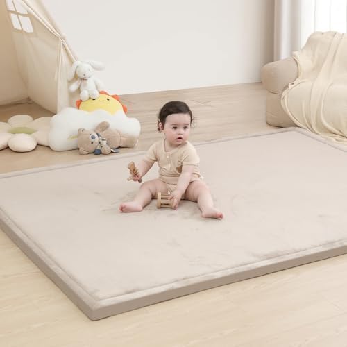Baby Play Mat for Floor,1.3" Thick Memory Foam Tummy Time Mat for Toddlers,Infants,Kids,Water-Repellent Soft Nursery Rug,71"×79" Extra Large Non Slip for Crawling&Yoga,Tatami Style for Living Room(Beige) by HulooSleep