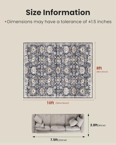 Amada 8x10 Washable Area Rug for Living Room, Blue/Brown, Vintage Pattern - Image 2