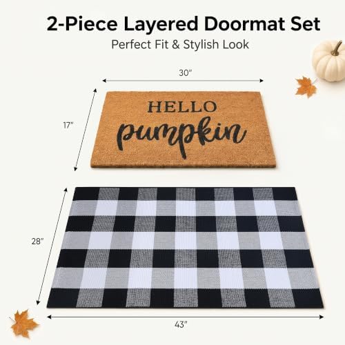 Fall Decor Door Mat Combo Set, 100% Coco Coir Welcome Mat + 28 x 43 Inches Black and White Plaid Rug - Fall Thanksgiving Front Porch Entryway Floor Doormat, Indoor Outdoors Autumn Mats Hello Pumpkin - Image 2