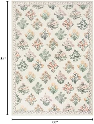 Wonnitar 5x7 Rug for Bedroom Decor, Washable Nursery Rug for Baby, Neutral Ultra-Thin Non Slip Floral Print Carpet for Kids Room Farmhouse Living Room Office, Cream Beige - Image 2