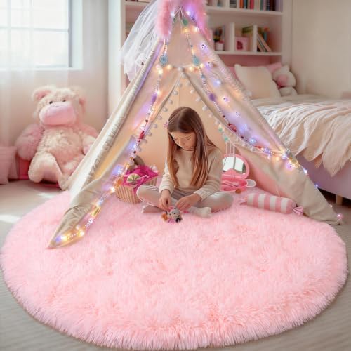 4Ft Fluffy Pink Round Rug for Girls Bedroom Kids Room, Washable Non-Slip - Image 5