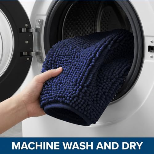 Bathroom Rugs Sets 2 Piece,Super Absorbent Chenille Bath Mats and U-Shaped Toilet Rug,Strong PVC Non Slip Backing,Microfiber Washable Dry Quickly Bath Mats for Bathroom(20"x32"+20"x20"U,Navy Blue) - Image 6
