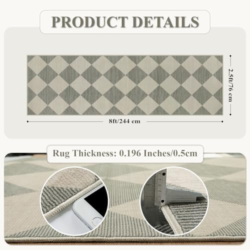 Beeiva Checkered Print Kitchen Runner Rugs Non Skid Washable 2.5x8, Ultra Thin Low Pile Green Runners for Hallways 8ft, Geometric Farmhouse Floor Carpet for Bedroom Entryway, Modern Plaid Home Decor - Image 2