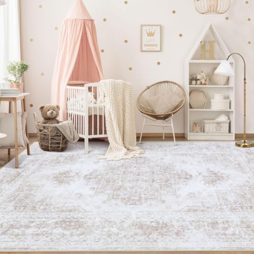 XLUEZ Area Rug 6x9 Living Room Rug, Machine Washable Vintage Distressed Medallion Rug Non-Slip Soft Low Pile Large Indoor Rugs for Bedroom Kitchen Dining Room Office(Beige,6'x9') - Image 3
