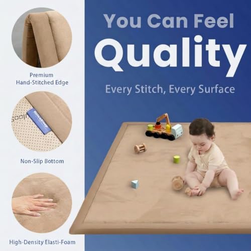 Huloo Sleep Ultra Soft Baby Play Mat for Floor,1.3" Thick Elasti-Foam 50x50 Playpen Mat for Toddlers Infant Kids,Non-Slip Backing Safe for Crawling&Tummy Time,Tatami Style (Light Brown) - Image 6