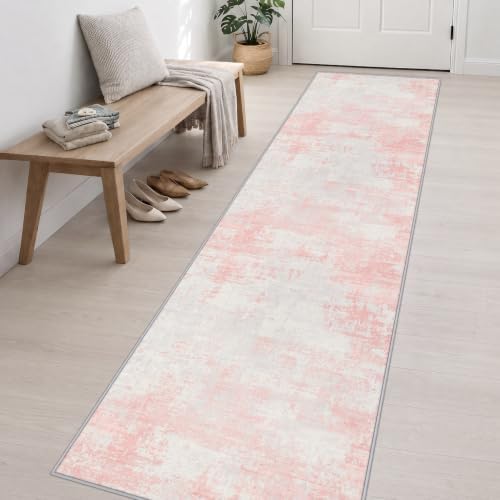 2.6x14 Washable Runner Rug:Modern Abstract Soft Carpet Pink White - Image 3