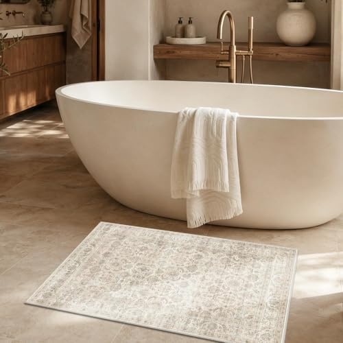 JOOJA 2x3 Beige Vintage Low Pile Non Slip Washable Boho Entryway Throw Rug - Image 2