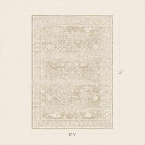 Beige Farmhouse 10x14 Area Rugs for Living Room, Neutral Creamy Sandy Gold Washable Large Rug for Bedroom Under Bed with Distressed Geometric Design, Soft Stain Resistant Low Pile Non-Slip - Image 2