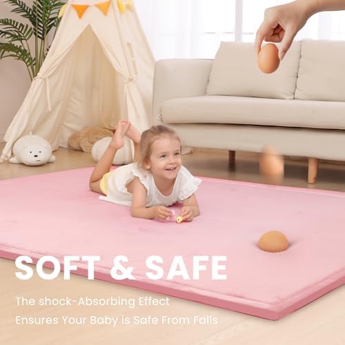 Huloo Sleep Baby Play Mat for Floor,1.3" Thick Elasti-Foam 50x50 Playpen Mat for Toddlers Infant Kids,Water-Repellent Soft Coral Velvet Tummy Time Mats,Non Slip Crawling Mats,Tatami Style(Pink) - Image 3