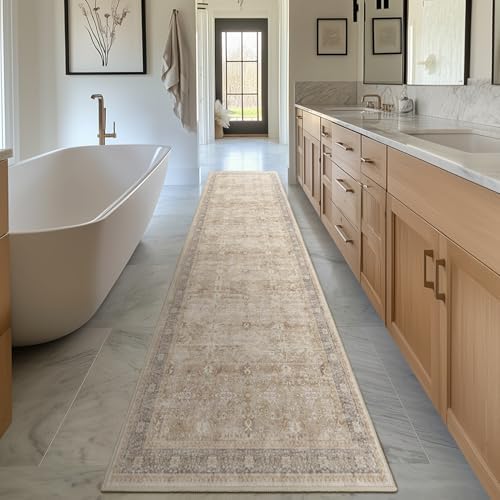 Beige 2x10 Rug Runners for Hallways Non Slip, Long Kitchen Runner Rugs Non Skid Washable, Vintage Farmhouse Neutral Low Pile Thine Carpet Runners for Entryway Corridor Mudroom Foyer - Image 3