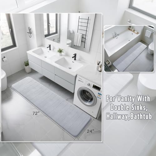 Yimobra Bathroom Runner Rugs 72"x24" Non Slip Washable Memory Foam Bath Mat, Super Soft Water Absorbent Hallway Carpet for Vanity Tub Shower, Silver - Image 2