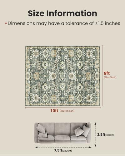 Amada 8x10 Washable Area Rug for Living Room, Green/Brown, Vintage Pattern - Image 2