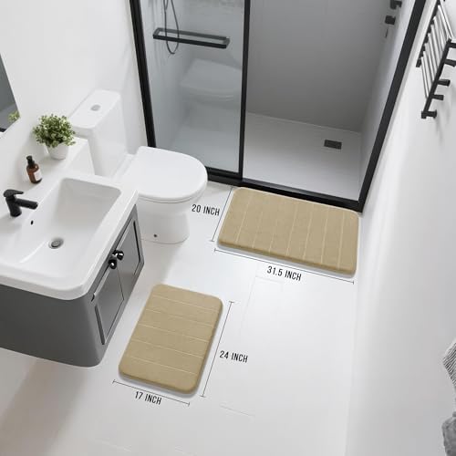 Yimobra Memory Foam Bathroom Mat Set, 31.5 x 20 & 24 x 17 in, Pale Khaki - Image 2