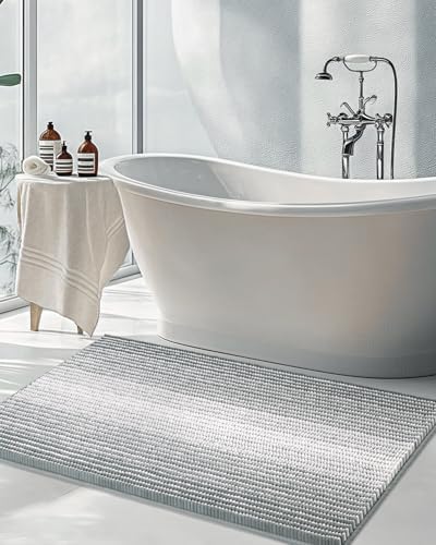 BSICPRO Large Chenille Bathroom Rugs, 24x43 Striped Bath Mats, Light Gray by BSICPRO