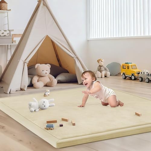Baby Play Mat for Floor Nursery Rug Muscle Mat Area Rug Playroom Rug 50"x50" Playpen Mat Elastic Foam 1.3" Thick Crawling Mat for Babies,Toddlers, Infants, Kids,Light Beige by ILPEOD