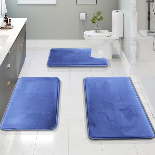 Clara Clark 3 Piece Bathroom Rugs Bath Mat Set, Velvet Memory Foam Bath Mats for Bathroom - Non-Slip, PVC Backing Bath Rugs, Washable - Dries Quickly, Blue by ClaraClark