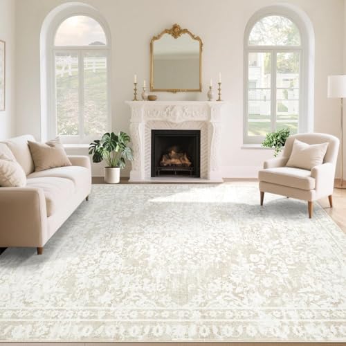 Vintage Living Room Area Rug - 8x10 Large Machine Washable Boho Area Rug Distressed Floral Rugs for Bedroom, Soft Non-Slip Indoor Floor Accent Rugs for Office Dining Room (Cream Beige, 8'x10') by AOYAOMI
