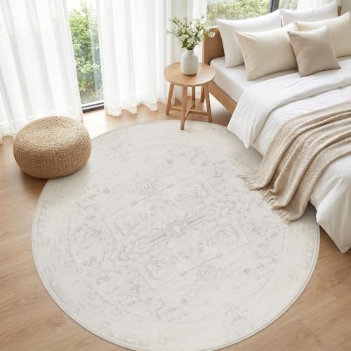 Round Area Rug Living Room: 6ft Washable Carpet Neutral Cream - Image 4