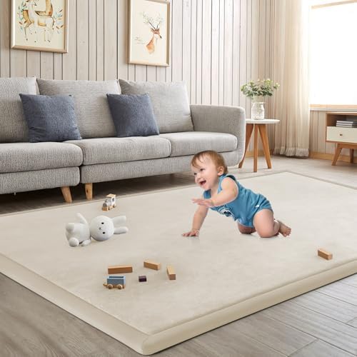 Baby Play Mat for Floor Nursery Rug Muscle Mat Area Rug Playroom Rug 47"x47" Playpen Mat Elastic Foam 1.3" Thick Crawling Mat for Babies,Toddlers, Infants, Kids,A Beige by ILPEOD