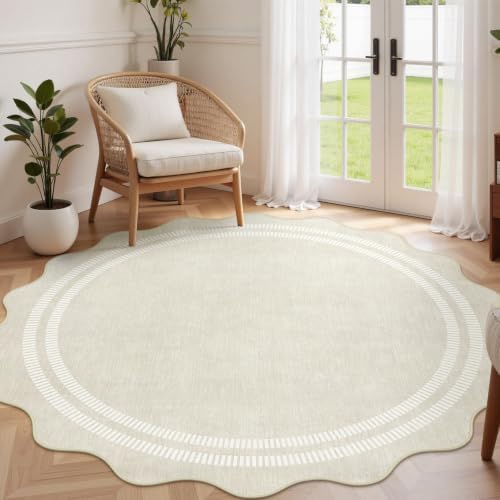 Round Area Rugs 6ft for Bedroom, Ivory Washable Circle Rug Soft Non Slip Floor Scalloped Carpet Indoor Thin Rug for Living Room Dining Room Playroom Nursery by LORWER