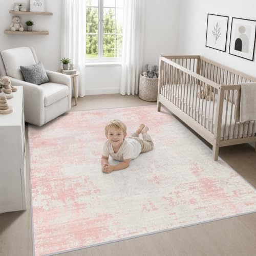Area Rug Living Room: 4x4 Modern Washable Soft Carpet Pink White - Image 5