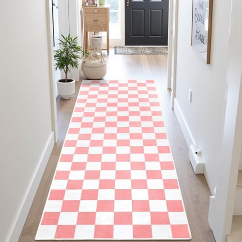 Terrug Pink and White Checkered Area Rug for Kitchen, 2x6 Runner Rugs - Image 2
