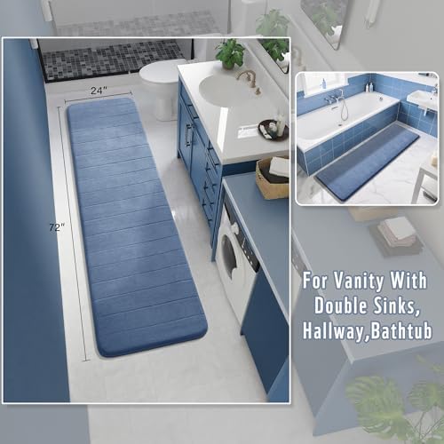 Yimobra Bathroom Runner Rugs 72"x24" Non Slip Washable Memory Foam Bath Mat, Super Soft Water Absorbent Hallway Carpet for Vanity Tub Shower, Denim Blue - Image 2