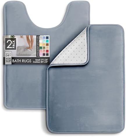 Clara Clark 2 Piece Bathroom Rugs, Velvet Memory Foam Bath Mat Set, Non-Slip Bath Rugs, Machine Wash, Dries Quickly, Ultra Soft Plush Bath Mats for Bathroom, 17 x 24 + Contour, Stone Blue - Image 3