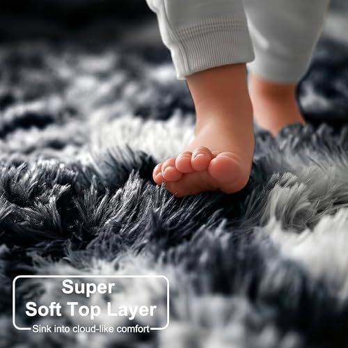 Amdrebio Black White Grey Plush Round Area Rug 6Ft for Living Room Bedroom - Image 2