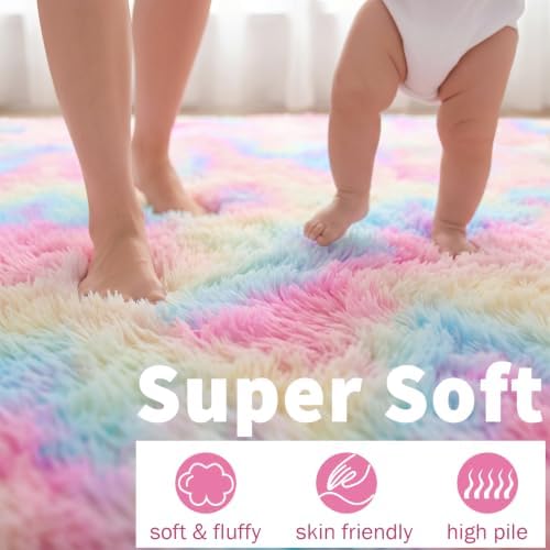 ONASAR Rainbow Area Rugs for Living Room, 5x8 Fluffy Girls Bedroom Rug, Indoor Ultra Soft Plush Shaggy Large Floor Carpets for Nursery Kids Baby Boys Teen Dorm Playroom Home Decor Aesthetic - Image 2