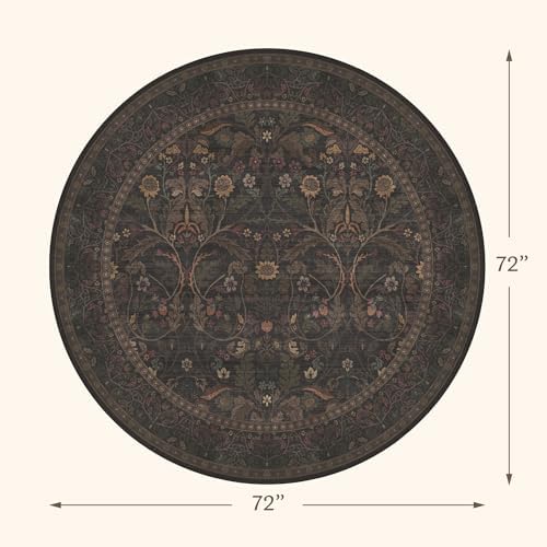Brown Floral 6ft Round Rug for Living Room Kitchen Dining Room Under Table, Thin Low Pile Soft Botanical Patern Area Rug for Living Room Bedroom, Traditional Home Décor Non Skid (Black and Brown) - Image 2