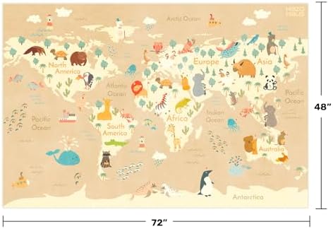 Kids Bedroom Rug with World Map & Animals – 4x6 Educational Washable Area Rug for Playroom, Cute Global Animal, Featuring Continents & Native Wildlife Carpet for Dorm or Classroom - Soft Beige - Image 2