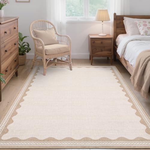 GarveeHome Scalloped 3x5 Rug Washable Non-Slip Low-Pile Indoor Rugs for Entryway Solid Beige Modern Carpet for Kitchen Bedroom Living Room Bathroom Indoor Mat - Image 2