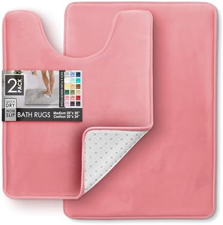 Clara Clark 2 Piece Bathroom Rugs, Velvet Memory Foam Bath Mat Set, Non-Slip Bath Rugs, Machine Wash, Dries Quickly, Ultra Soft Plush Bath Mats for Bathroom, 20 x 32 + Contour, Coral Pink - Image 3
