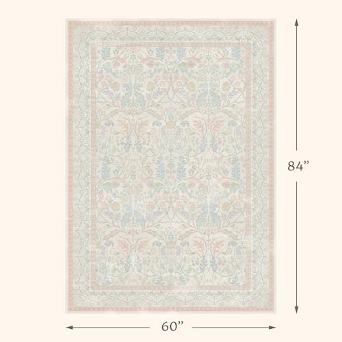 Washable Blue and Pink Rug 5x7 - Girls Nursery Rug Non Slip, Soft Pastel Kids Playroom Decor Carpet, Light Blue and Green Oushak Floral Bedroom Living Room Dorm Carpet (Green and Pink) - Image 2