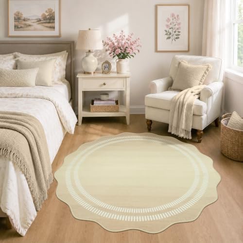 Entryway Round Rug 4ft,Washable Non Slip Neutral Ombre Scalloped Rug - Image 6