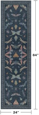 2x7 Navy Blue Runner Rug, Washable Vintage Insect Carpet for Bathroom, Kitchen Floor, Hallway & Bedroom, Low Pile Soft Non Slip Rug with Rubber Backing - Image 2