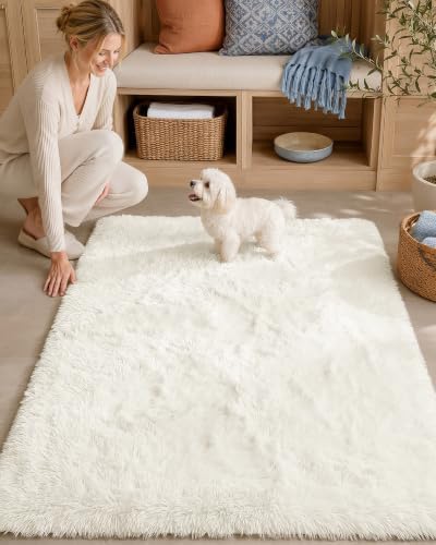 OLANLY 3x4 Machine Washable Accent Rug, Soft Fluffy Shaggy Area Rug for Bedroom, Living Room, Indoor Floor Carpet for Kids, Nursery, Home Decor, Ivory by OLANLY