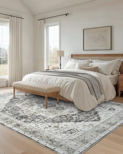 Amada Large 9x12 Washable Area Rug for Living Room, Grey, Vintage Pattern - Image 3