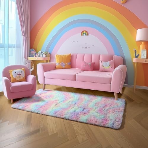 Amdrebio Rainbow Unicorn Pastel Shag Runner Area Rug 2x6 for Girls Bedroom - Image 5